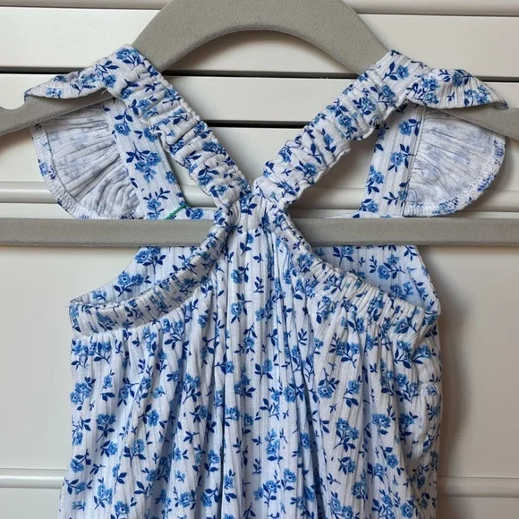 ❌SOLD❌ NWT Posh Peanut Baby Girl Blue & White Floral Ruffle Bubble Romper 0-3M - Picture 7 of 11